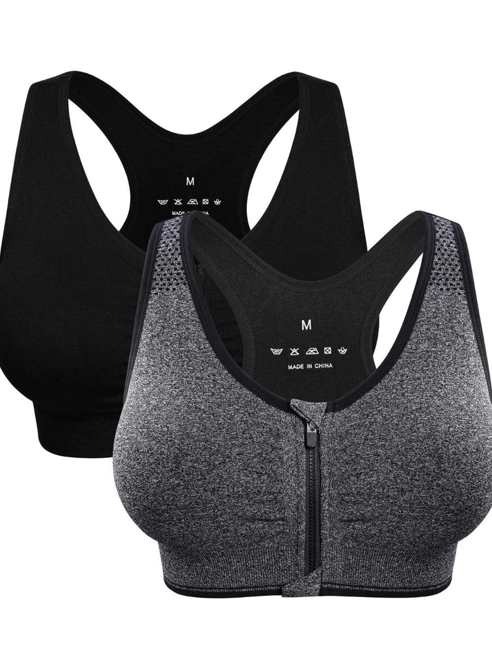 Front-Zip Supportive Sports Bra Duo - Black & Charcoal Heather